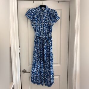 Max Studio Blue and White Flutter Sleeve Maxi Dress